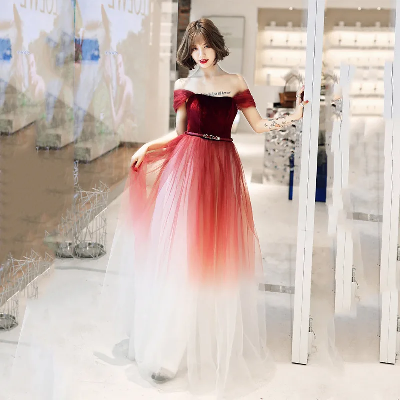 Wedding Dress Tulle A-line Floor Length Party Gown Woman Off Shoulder A-Line Burgundy Formal Toast Gown