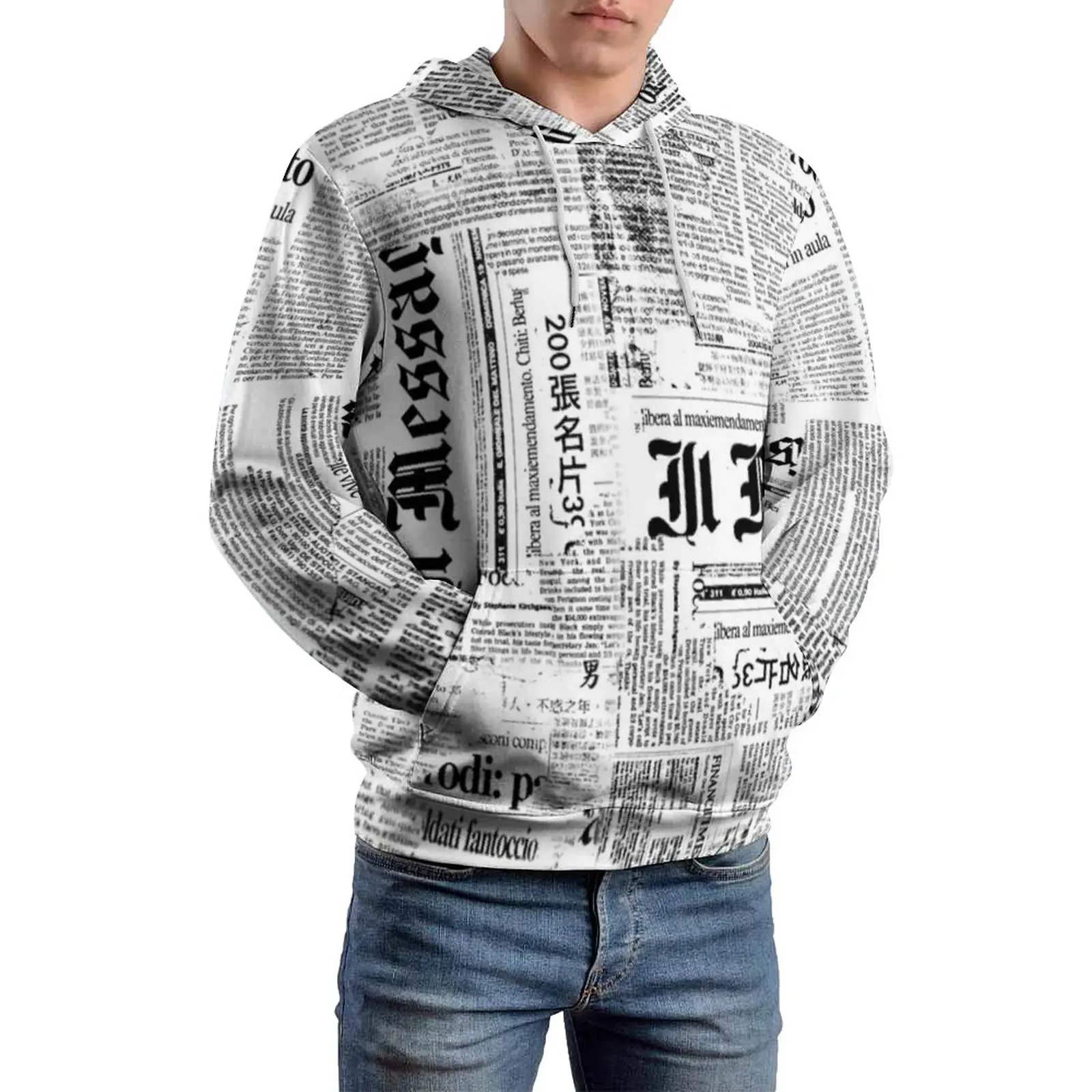 

Newspaper Collage Loose Hoodies Texts And Headlines Casual Pullover Hoodie Male Long Sleeve Kawaii Graphic Hooded Sweatshirts