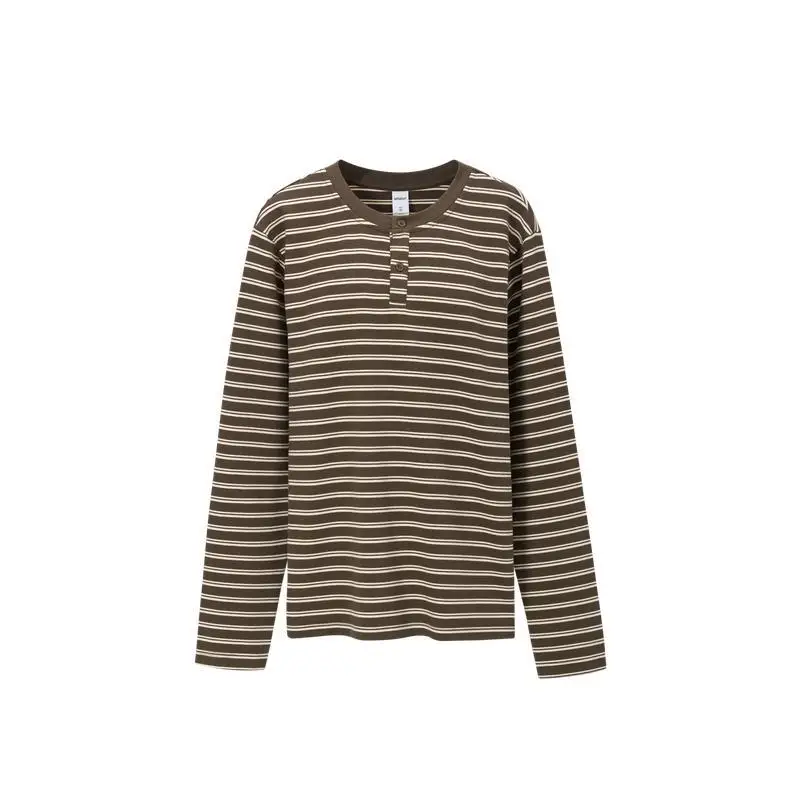 Striped Henley Collar Old Money Tee 2026 Autumn Premiere Japanese Vintage Contrast Shade Long‑Sleeve Garment Loose Daily Unisex