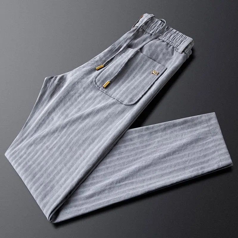 2024 Autumn Men's Elastic Waist Drawstring Loose Versatile Trendy Handsome Stripes Pockets Metallic Sports Straight Casual Pants