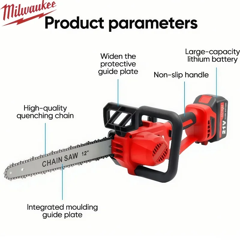 Milwaukee 12palcová bezkartáčová řetězová pila, akumulátorová elektrická řetězová pila, zahradní řezačka na dřevo pro těžbu dřeva a prořezávání - náhled 4