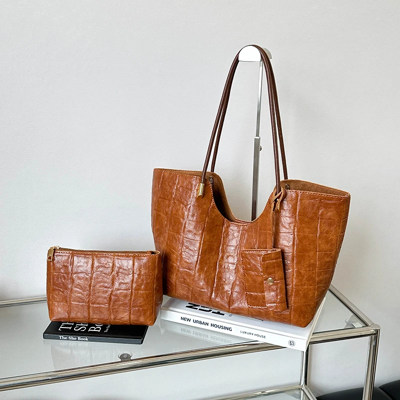 

2 Set Tote Bag Vintage Crocodile Leather Shoulder Bags For Women Luxury Designer Handbag Black Coffee Large Capacity Commute Bag