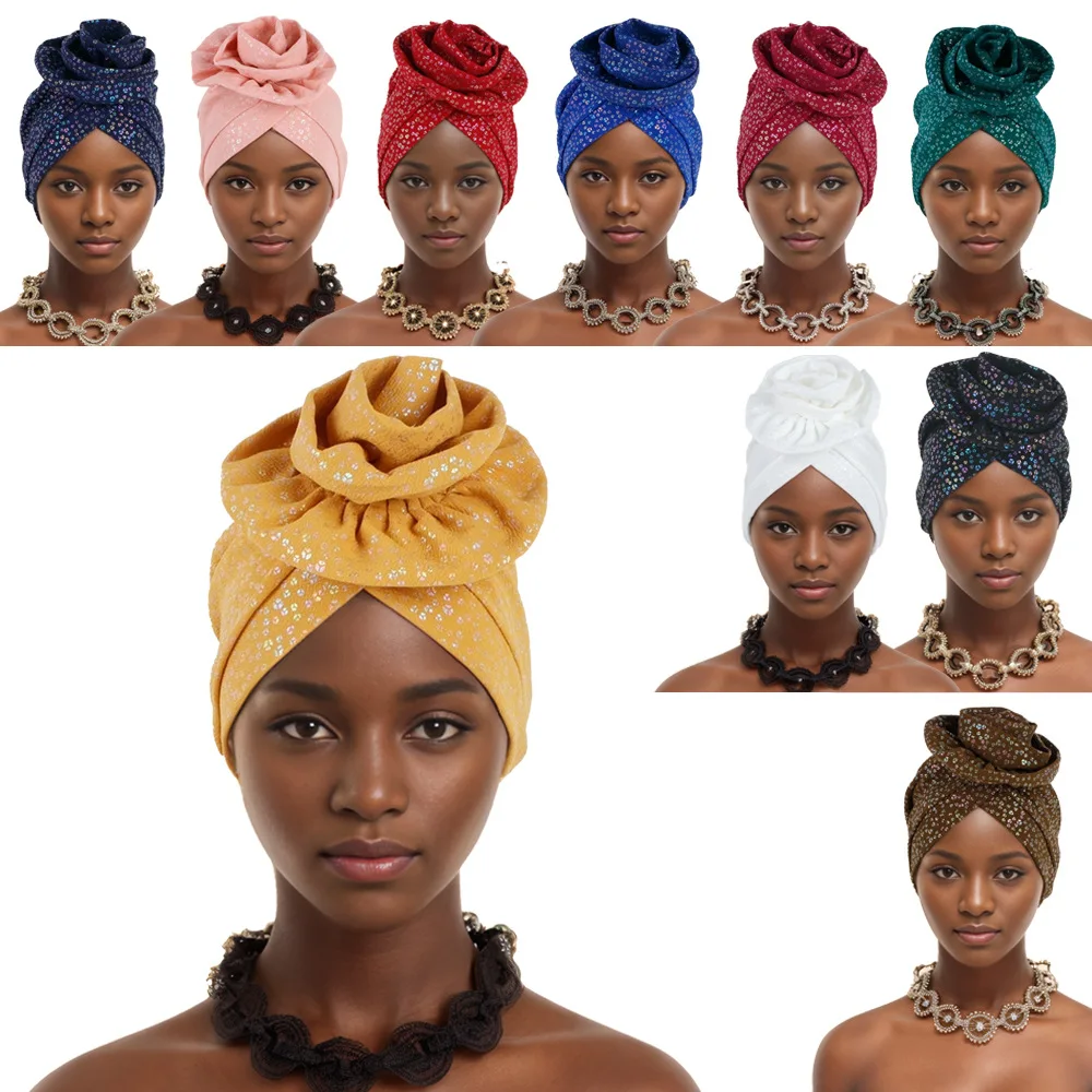 

Big Flower Turban Women Shiny African Headscarf Bonnet Muslim Hijab Chemo Cap Hair Loss Head Wrap Auto Gele Wedding Headgear New