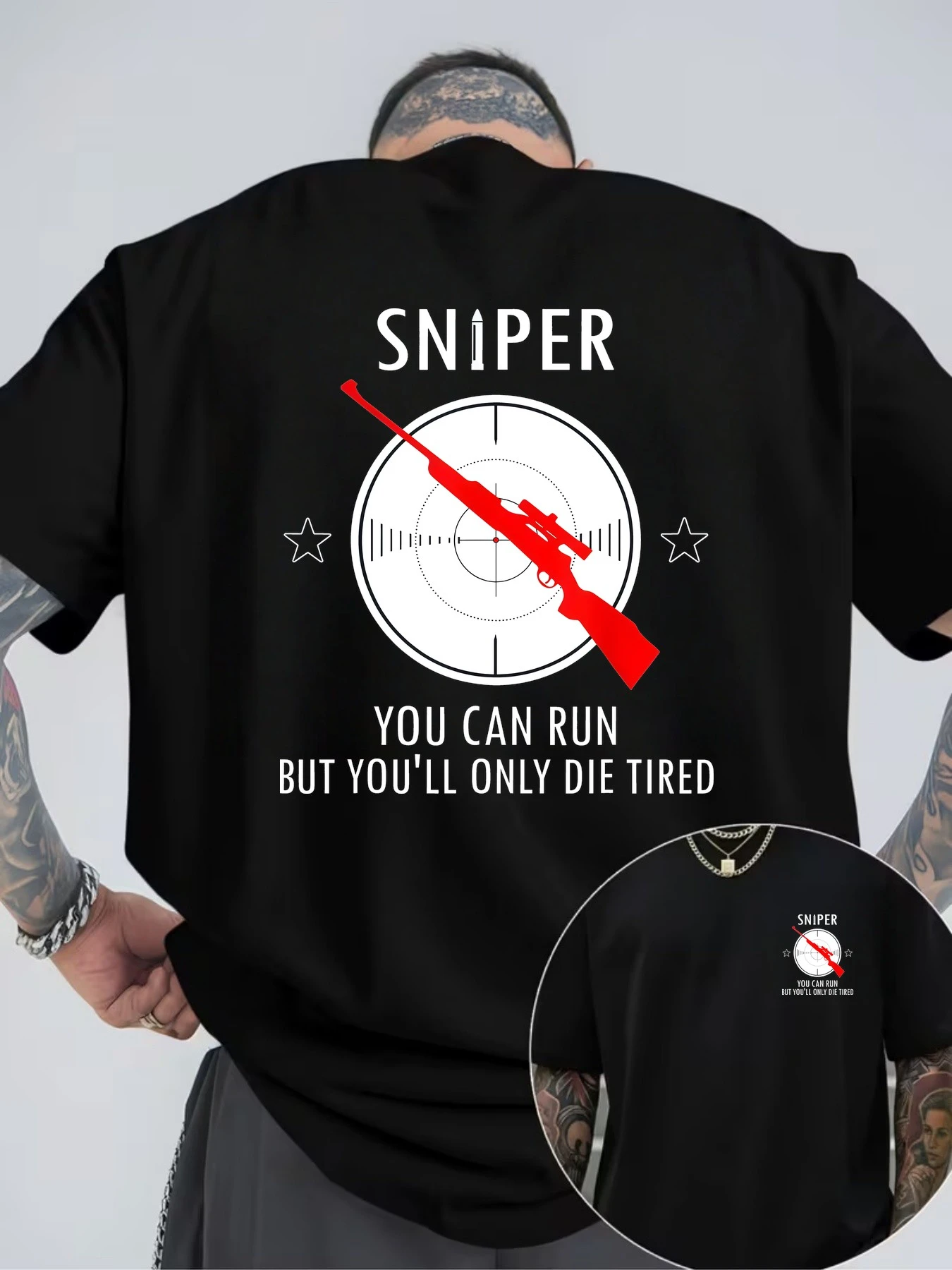 Men's Street-Style Short-Sleeve T-Shirt with Sniper Rifle Target Graphic and Text Print  vintage t shirt graphic t shirts