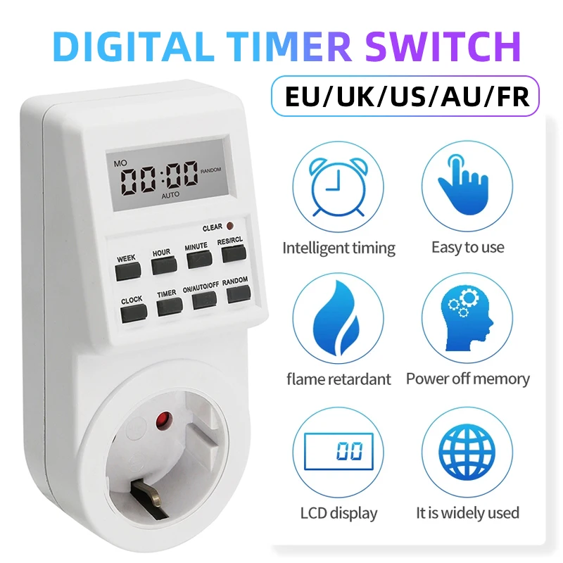 Electronic Digital Timer Switch Socket EU/UK/US/AU/FR Plug 24 Hour Cyclic Kitchen Timer Outlet Programmable Timing Socket