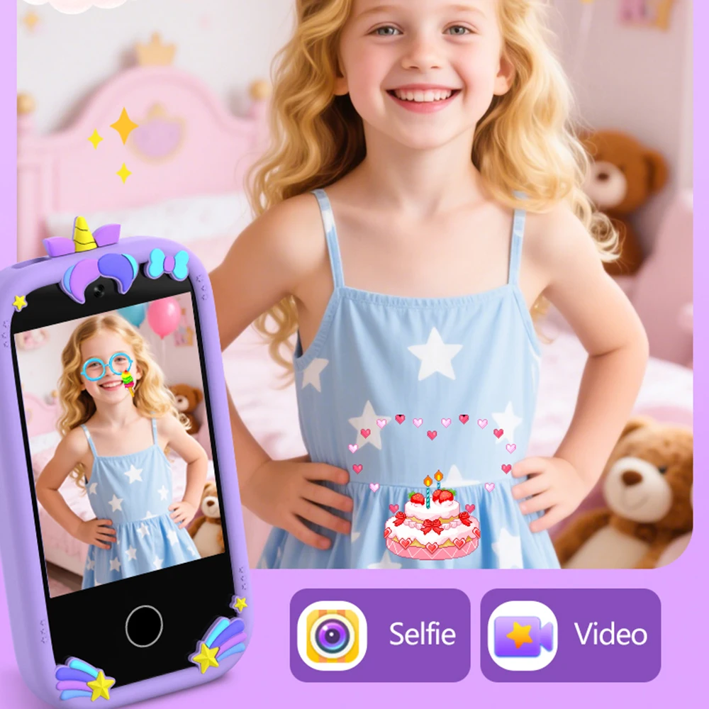 Inteligentny telefon dla dzieci, zabawki z aparatem, aparat cyfrowy, zabawki edukacyjne dla dziewczynek i chłopców w wieku 3-8 lat, ekran dotykowy, jednorożec, telefon dla niemowląt, odtwarzacz MP3