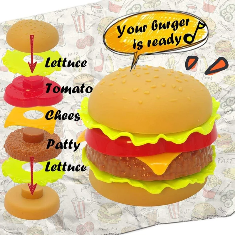 역할놀이 패스트푸드 세트, 어린이 주방 놀이 음식 - 주방 놀이 용품 - 놀이용 버거와 핫도그 포함 장난감 음식