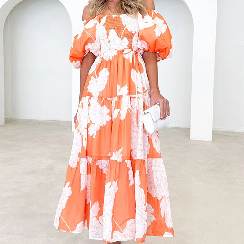 High Quality 2024 Spring Summer Collection One Shoulder Cake Skirt Printed Long Dress  Bubble Sleeves Elegant Dress ﻿