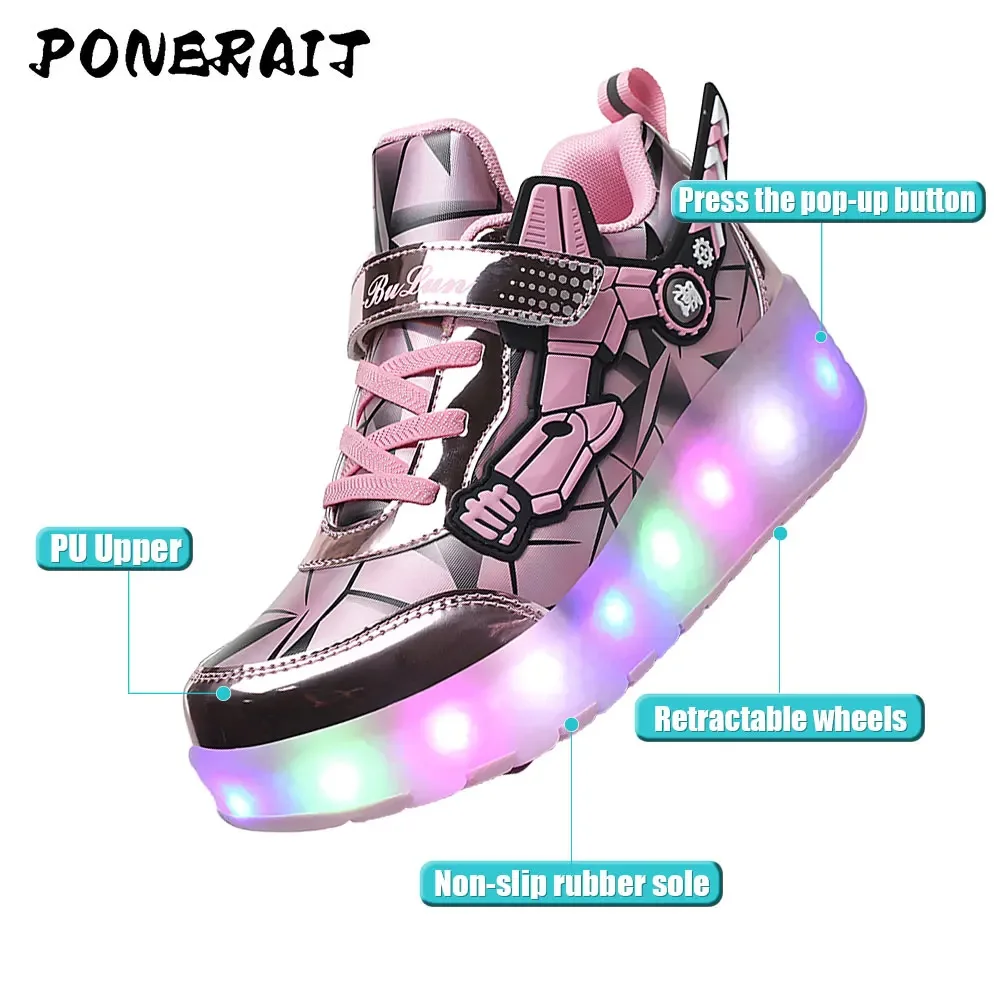 Sepatu roda 2 roda anak, sneaker berguling beroda dapat dilepas untuk balap dengan lampu LED