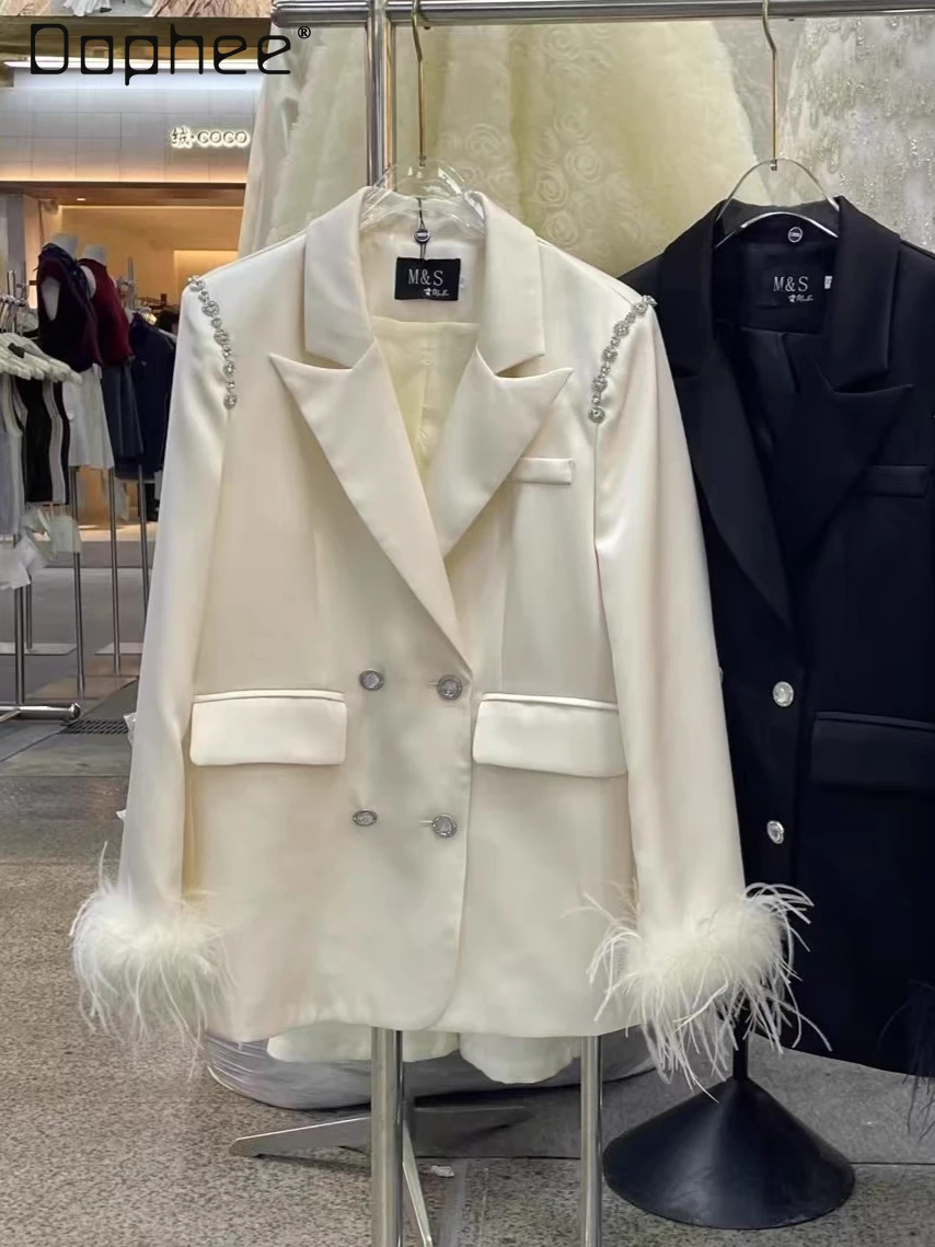 

Autumn Socialite Double-Breasted Satin High-End Blazer Heavy Industry Ostrich Feather Patchwork Long Sleeve Slim Women's Blazer