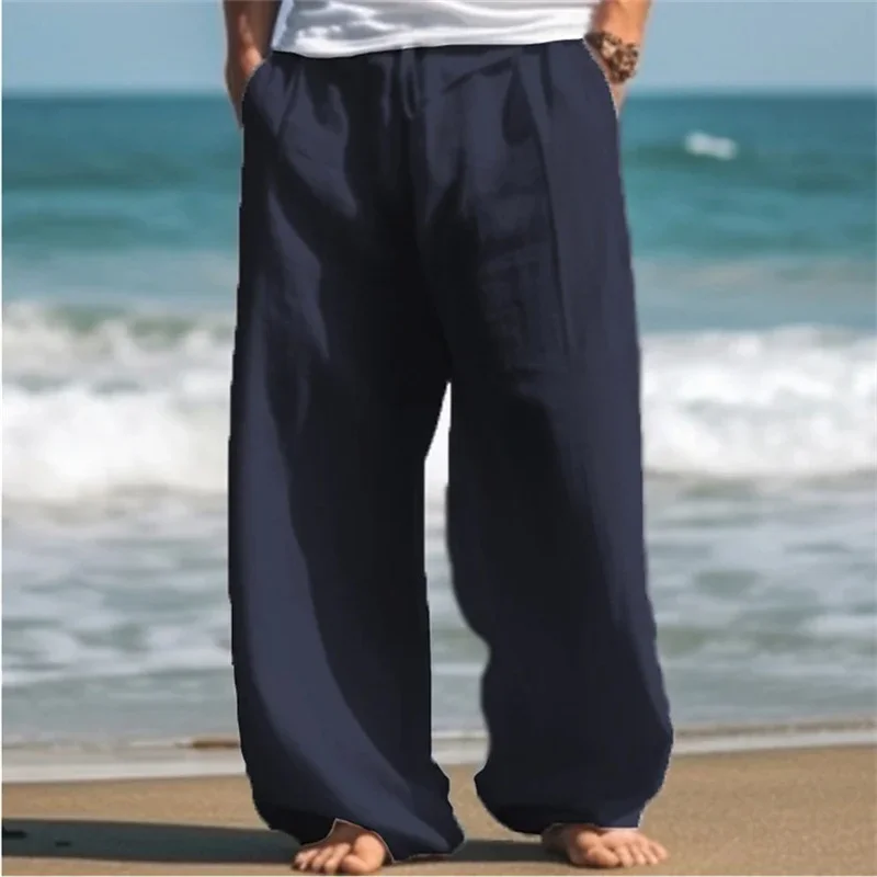 Men Double Side Pockets Loose Straight Pants Drawstring Stretch Mid Waist Long Trousers Male Daily Comfortable Casual Beach Wear