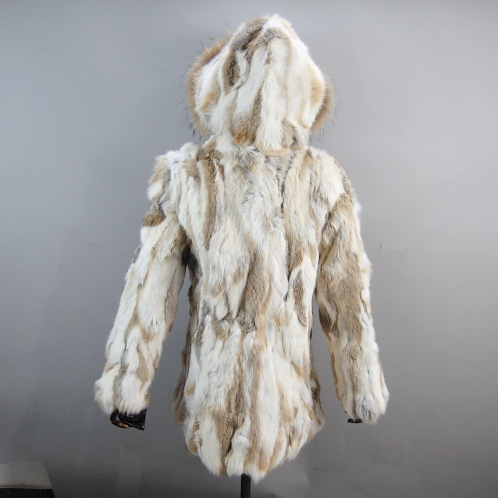 Dame hiver à capuche réel manteau de fourrure naturel chaud veste de fourrure de lapin avec col de fourrure de raton laveur femmes 100% véritable fourrure de lapin vêtements d'extérieur