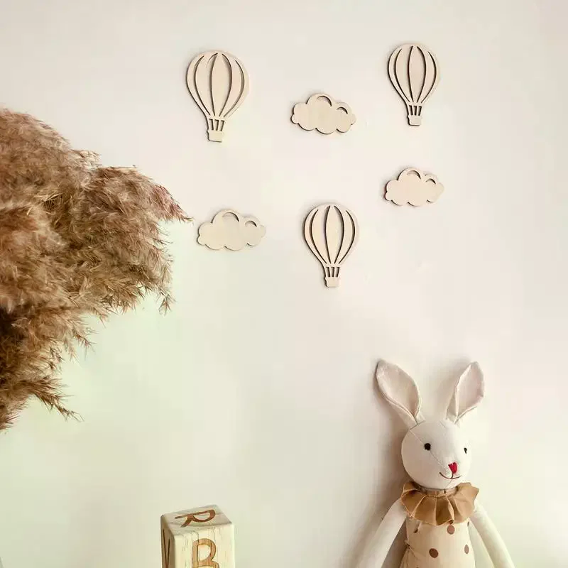 Ins Wooden Wall Crafts Hot Air Balloon Cloud Star Pattern Wall Stickers For Home Bedroom Living Room Holiday Decoration