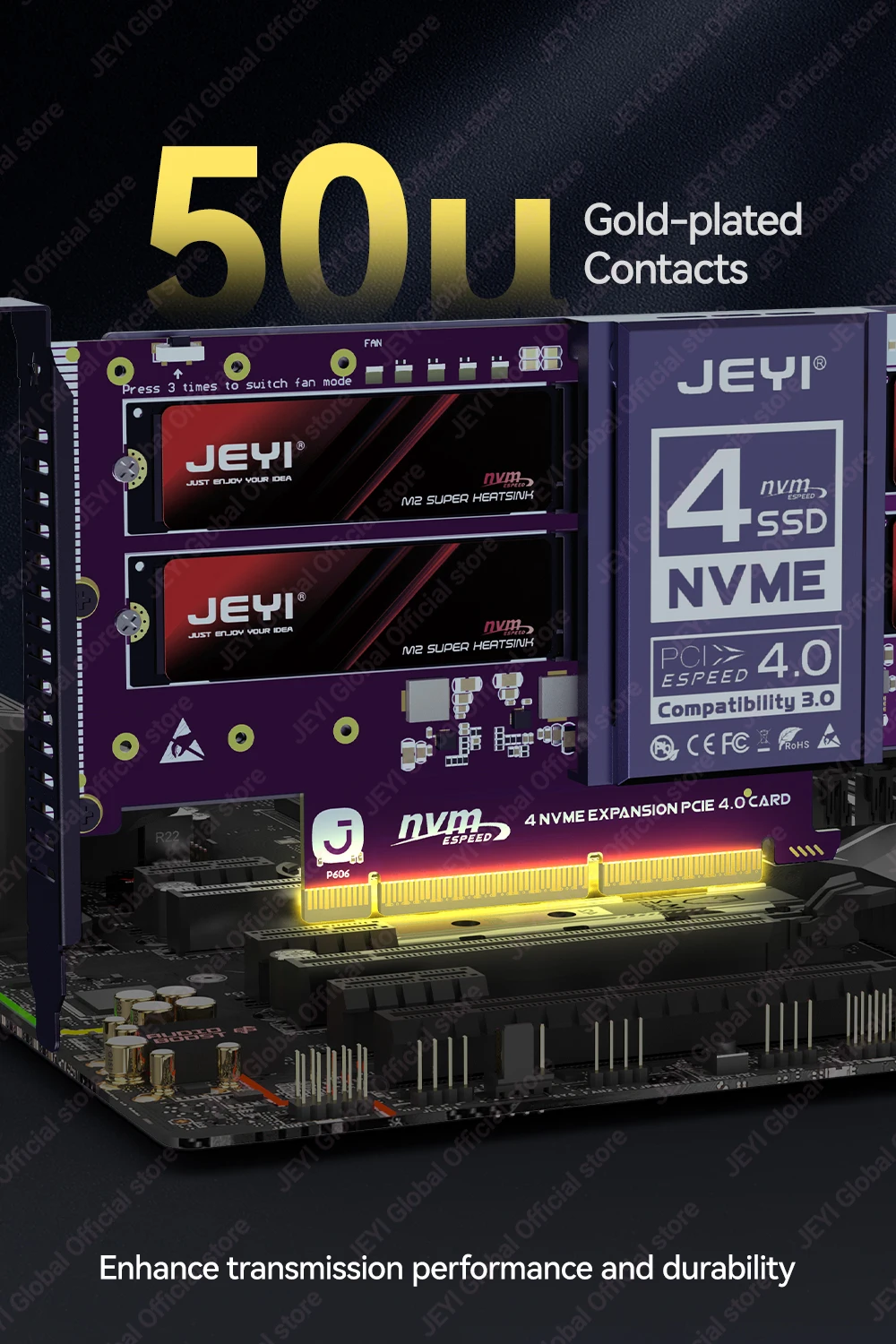 JEYI 4*NVMe SSD zu PCIe Adapter Nicht-Bifurkations-Mainboard-Adapter mit RAID 0 1 5 JBOD Unterstützung, max. 128 Gbit/s PCIe X8/X16 Port mit PWM-Lüfter – Detail 9
