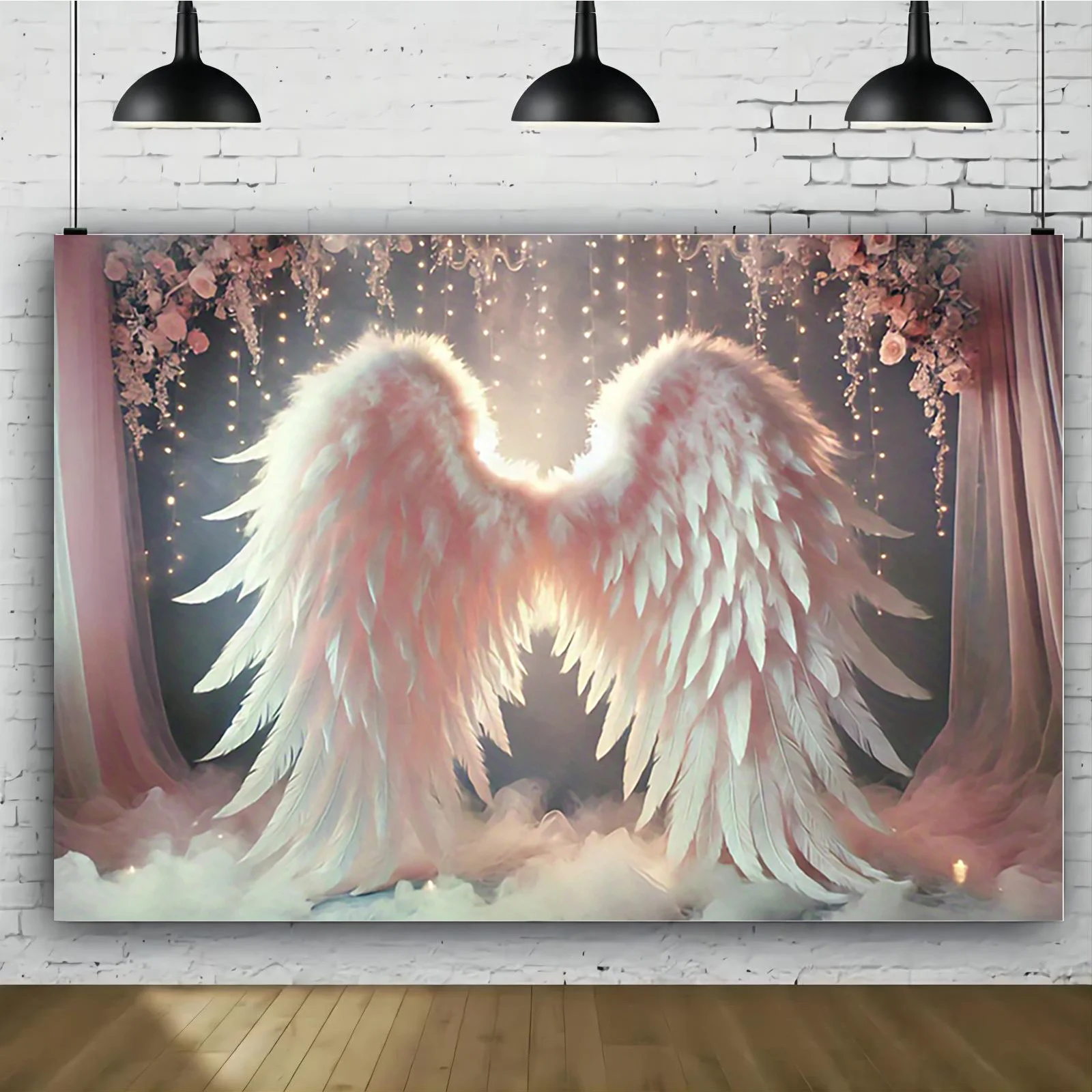 نسيج تصوير أجنحة الملاك الساحرة - نسيج بوليستر أبيض ووردي، فن جداري أنيق للمناسبات ذات الطابع الشخصي وحفلات الزفاف #2