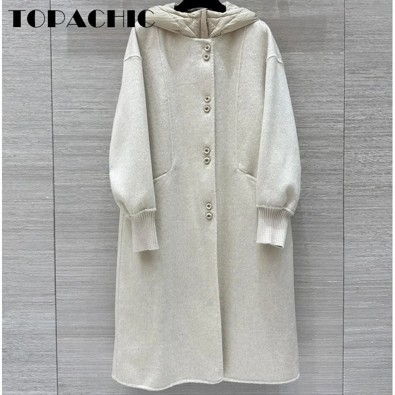 10.7 TOPACHIC-Women Two Piece Set Design Hooded Down Lining Double-Sided Wool Coat Cuff Ribbed Knit Straight Button Outerwear