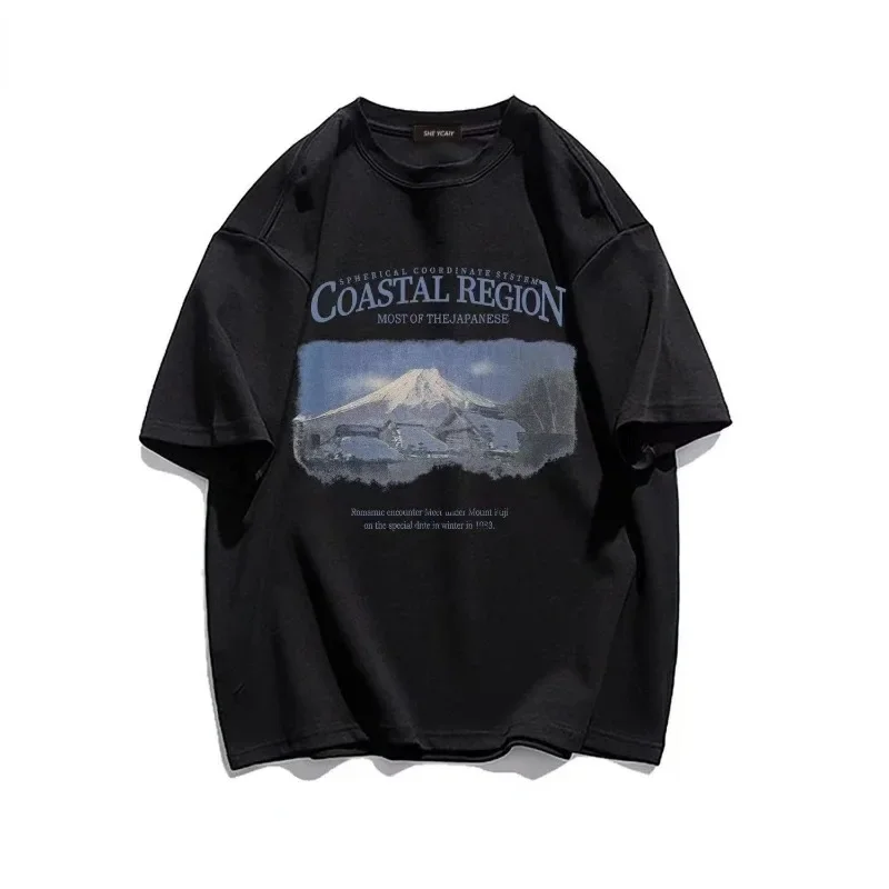 

Men and Women Summer Snow Mountain Landscape T-Shirt Vintage New Loose Slim Half Sleeve Top Senior Feeling American Fashion