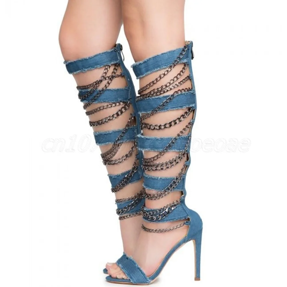 Holle Metalen Ketting Decor Sandaal Laarzen Denim Knie Hoge Schoenen voor Vrouwen Dunne Hoge Hels Zomer Sexy Schoenen 2025 Zapatos Para Mujere