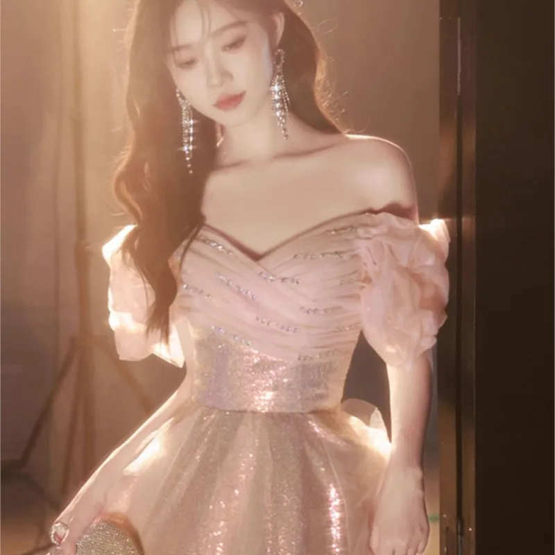 off-Shoulder Pink Shiny Student Day Adult Ceremony Graduation Toast Dress