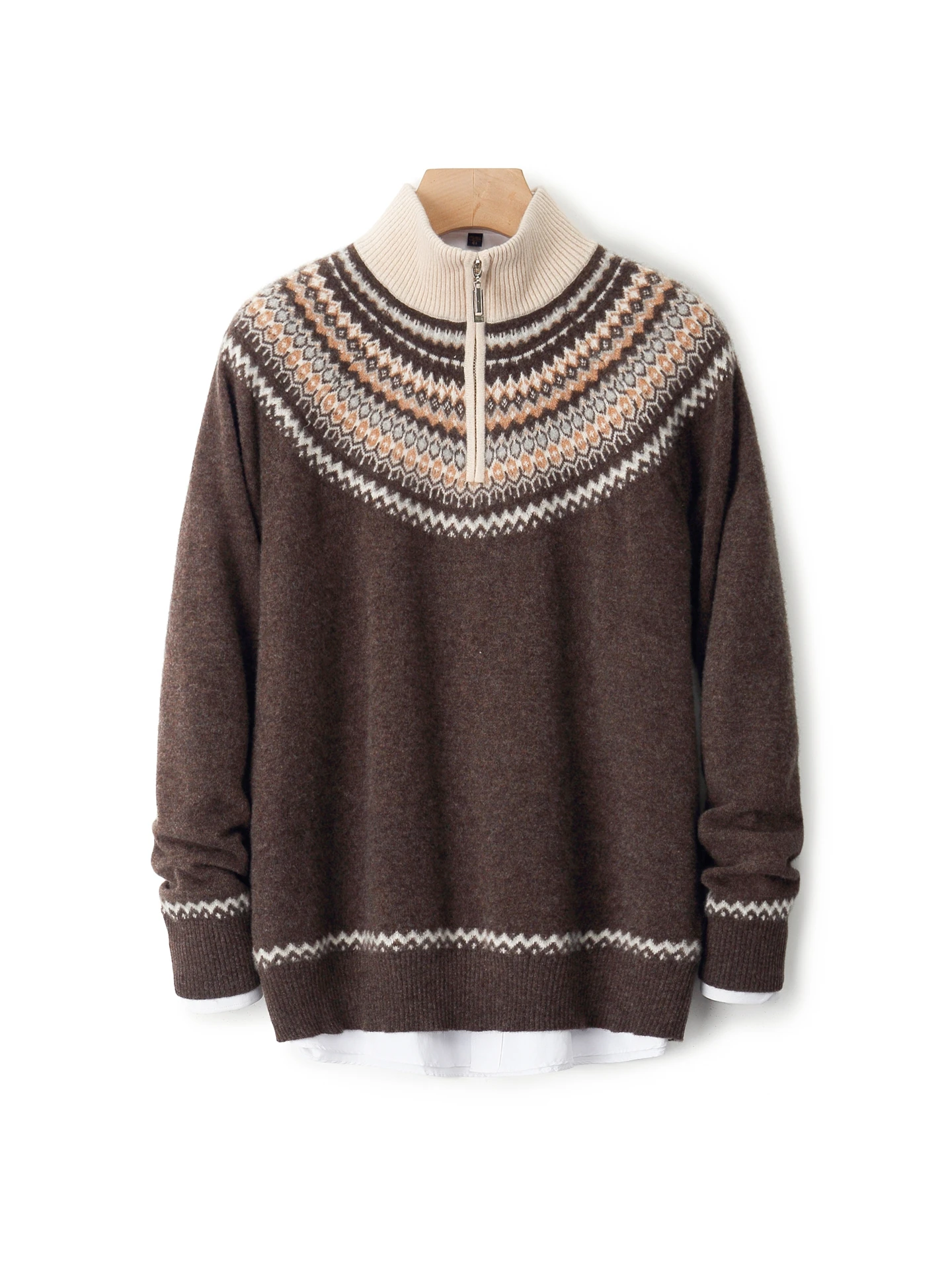 

100% Merino Wool Sweater For Men Mock Collar Jacquard Cardigan Cashmere Half zipper Long Sleeves Knitting Autumn Winter Top