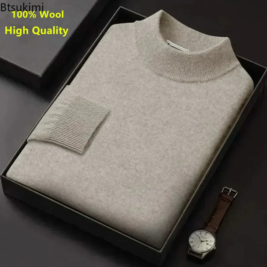 Nuovo maglione caldo lavorato a maglia da uomo Pullover alla moda collo a lupetto 100% maglione di pura lana 2024 maglione di Cashmere Business Casual maschile top