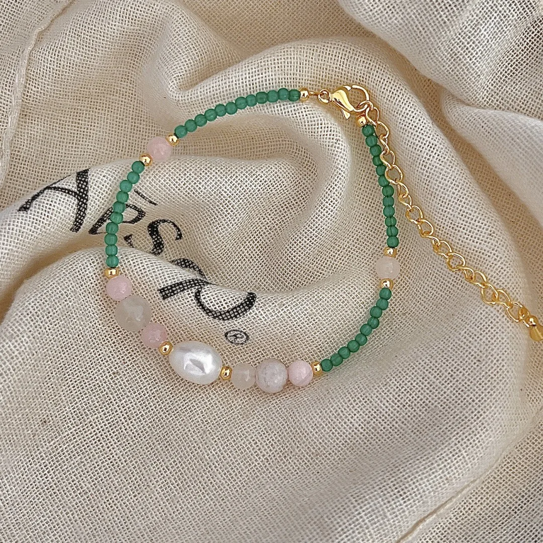 

Ruifan Baroque Natural Freshwater Pearl Pink/Green Stone Crystal Beaded Bracelet Women Elegant Handmade Boho Bangle Gift 1586