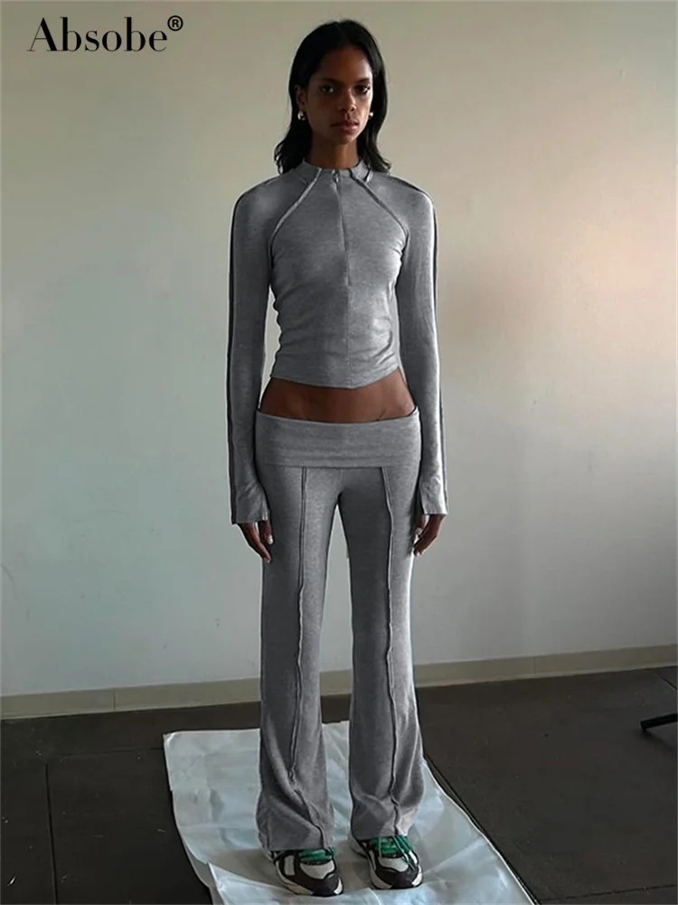 Absobe Solid Patchwork Fold Over Flare Pants Set Women Zipper Crop Top Long Sleeve Trousers Leisure Suit 2024 Autumn Streetwear