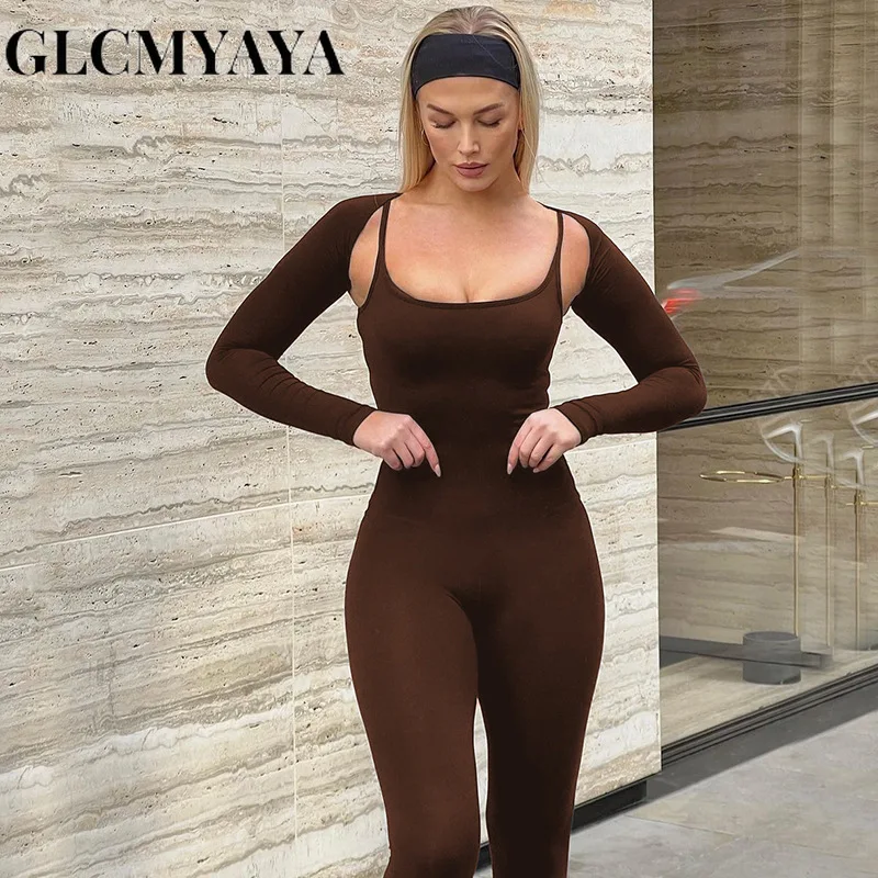 GLCMYAYA Women Streetwear Slim High Strecth Romper 2023 Casual Sporty Basics Solid Shawl Long Sleeve Jumpsuits 2 Piece Set