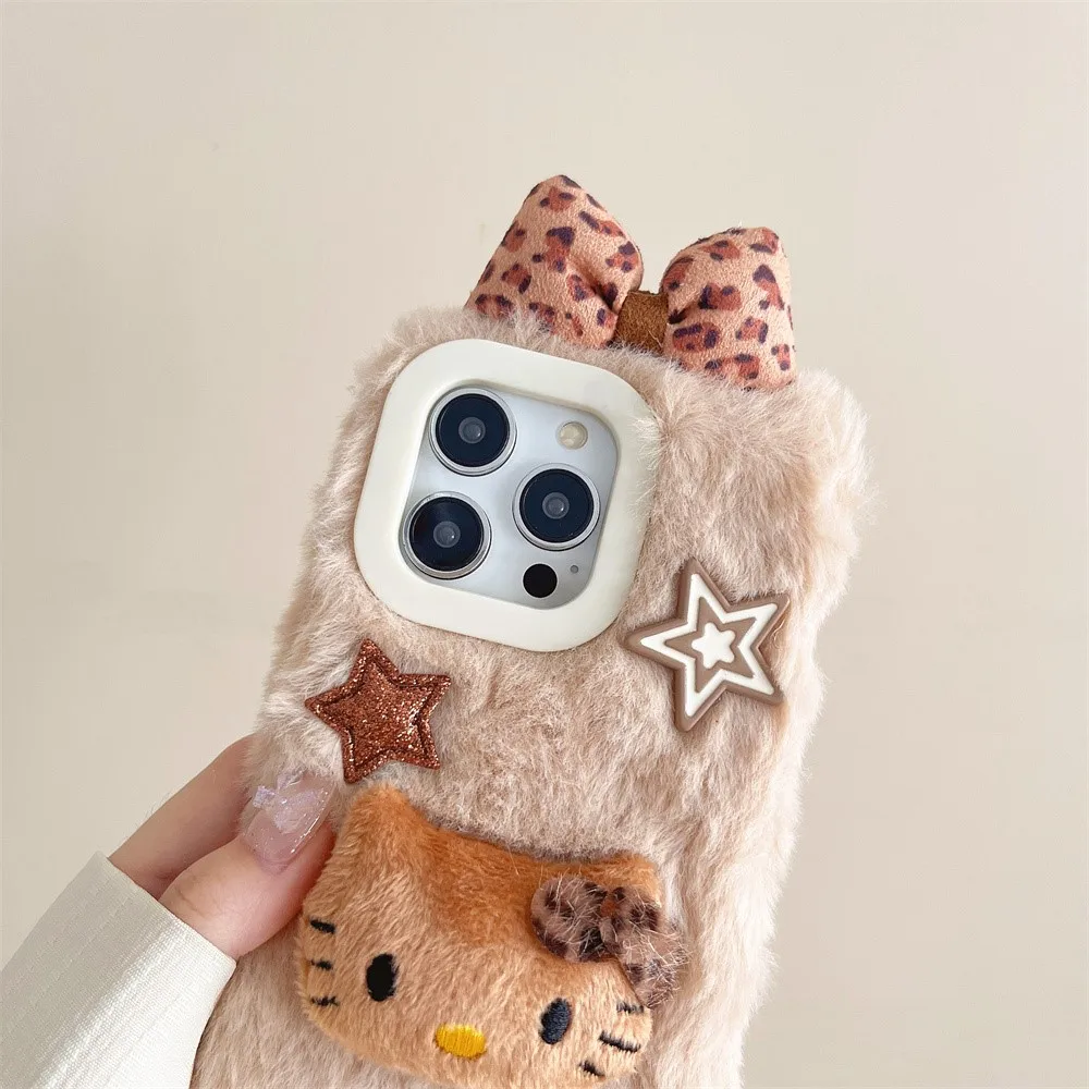 Plush Cartoon Leopard Print Bow Hello Kitty Phone Case For iPhone 12 13 14 15 16 Pro Max Warm Winter Furry Fur Soft Back Case