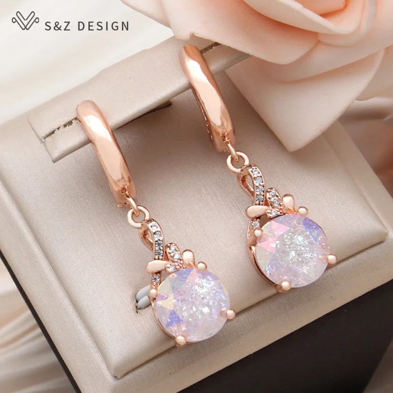 S&Z DESIGN New Fashion Round Crystal Dangle Earrings For Women 585 Rose Gold Color Cubic Zirconia Wedding Party Jewelry Gift