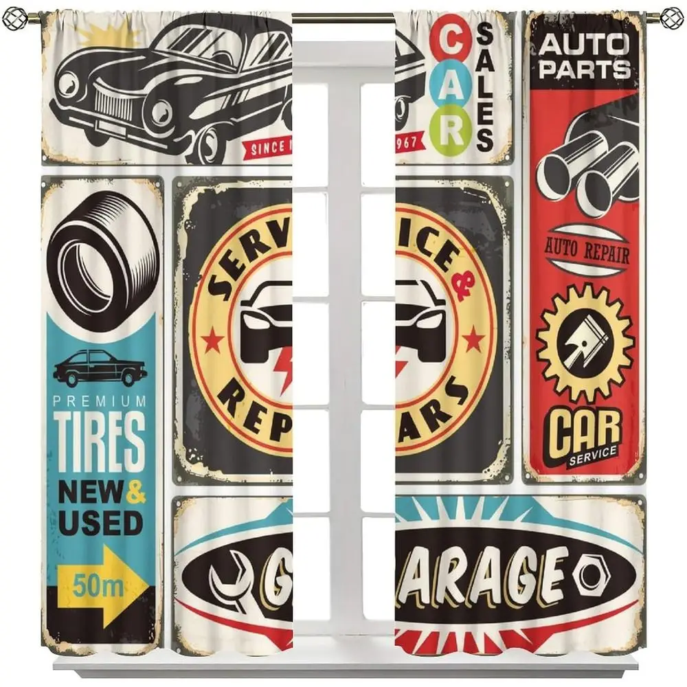 Retro 1950s Style Car-Themed Curtains, 2-Panel Set, 84x84 inches for Window Treatments or Room Decor