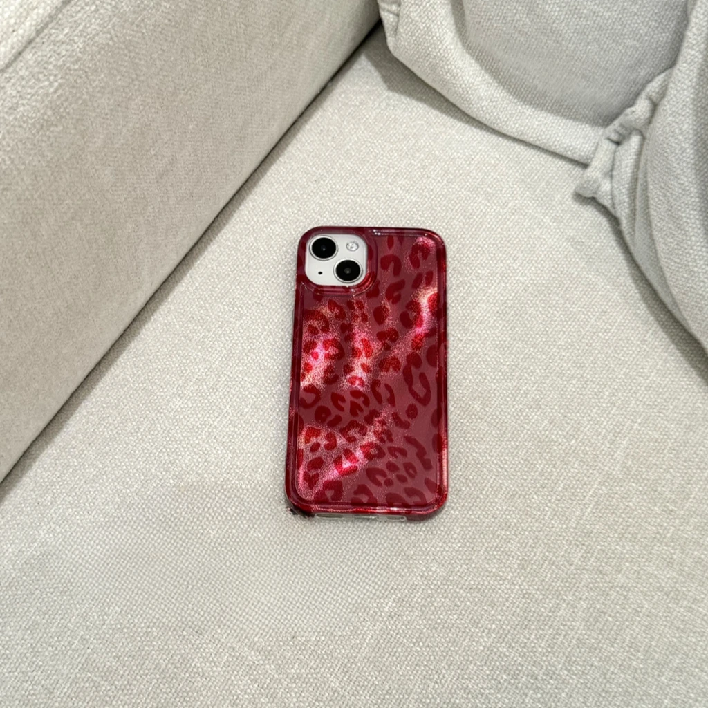 Retro Illusory Color Red Leopard Print Glitter Shockproof Protective Phone Cover Case for iPhone 16 15 14 13 12 Pro Max