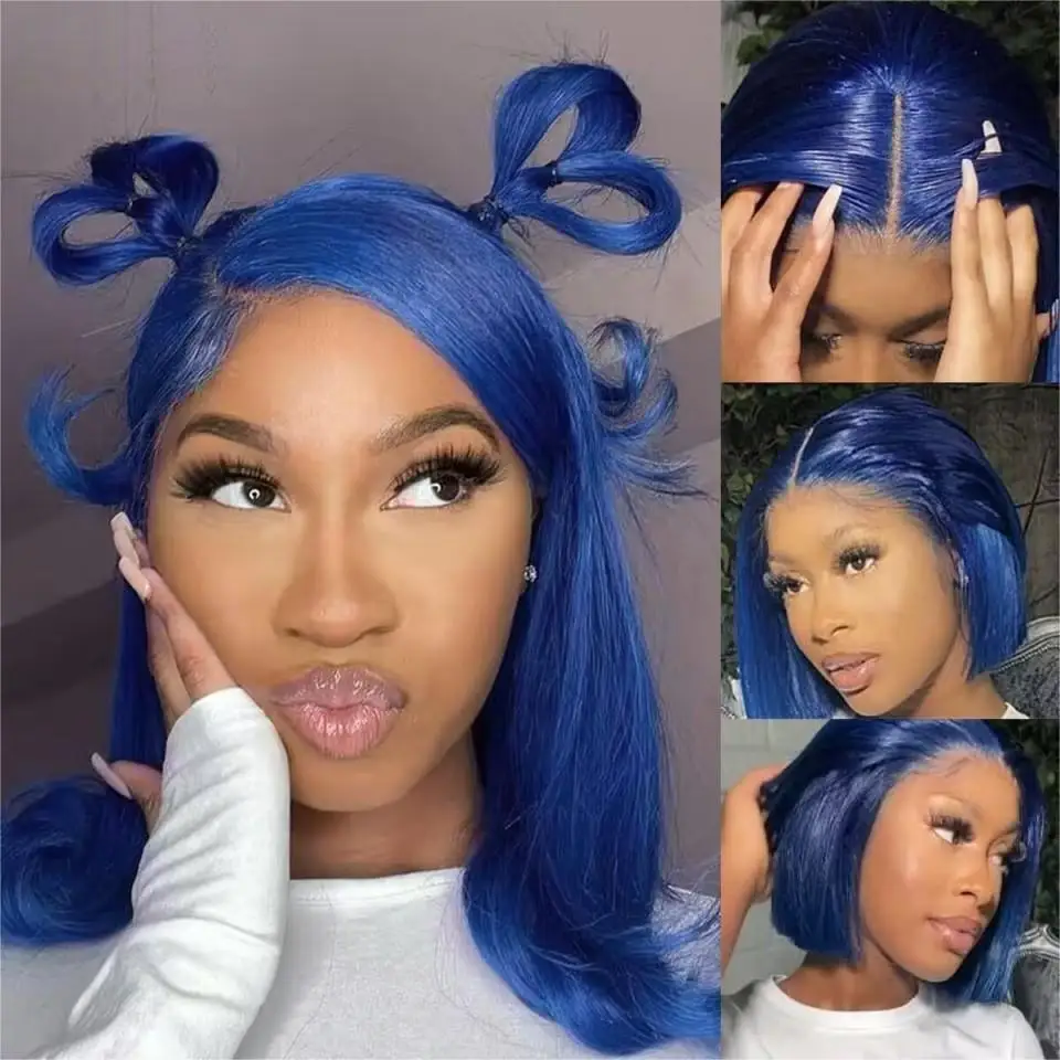 

Transparent HD Lace Frontal Wigs High Quality Dark Blue Straight Short Bob 13x4 Brazilian Colored Human Hair Wig For Women