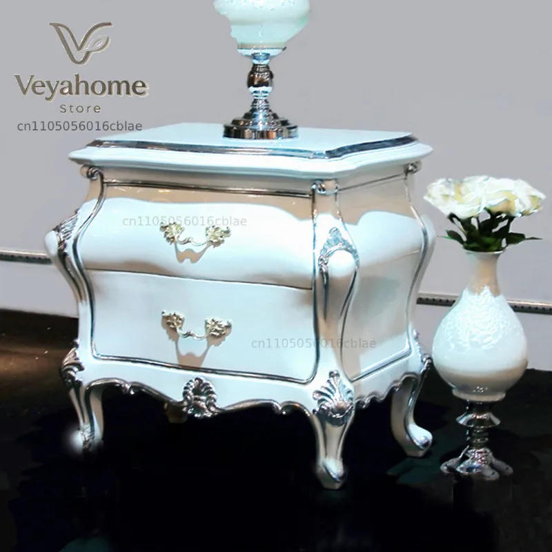 European light luxury solid wood carving white silver foil bedroom bedside table simple modern private customization