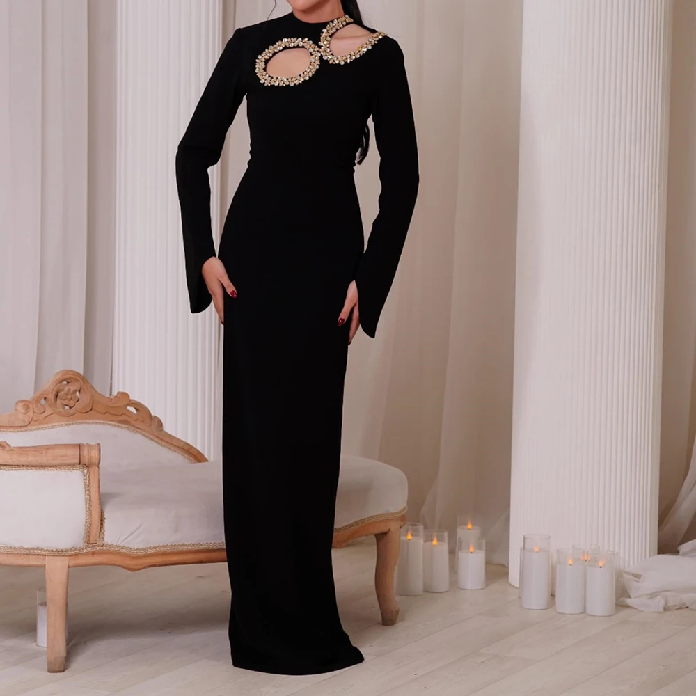 

Customized Straight Evening Dresses Floor-length High-neck Full Sleeve Prom Gown Simple Fashion Crystal Casual Party Gown