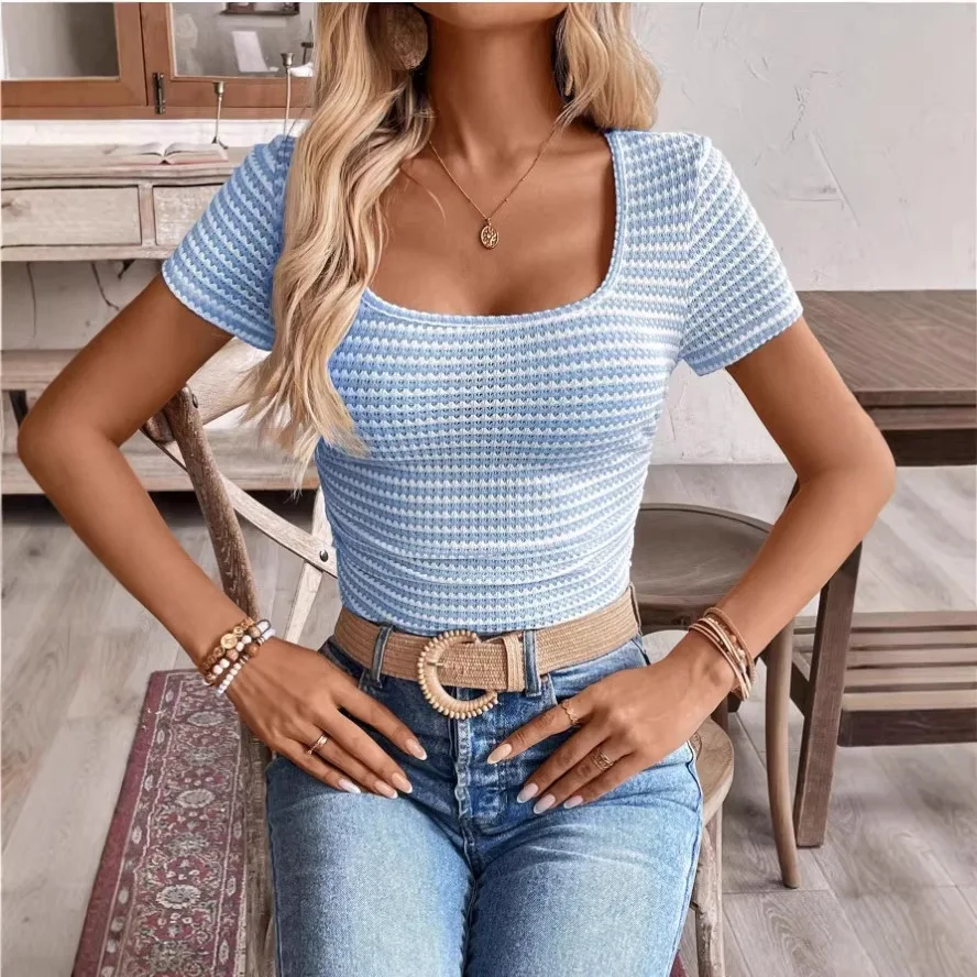 

2026 Summer New U-Neck Short-Sleeved Striped Color-Blocked Pleated Short-Sleeved Women's T-Shirt