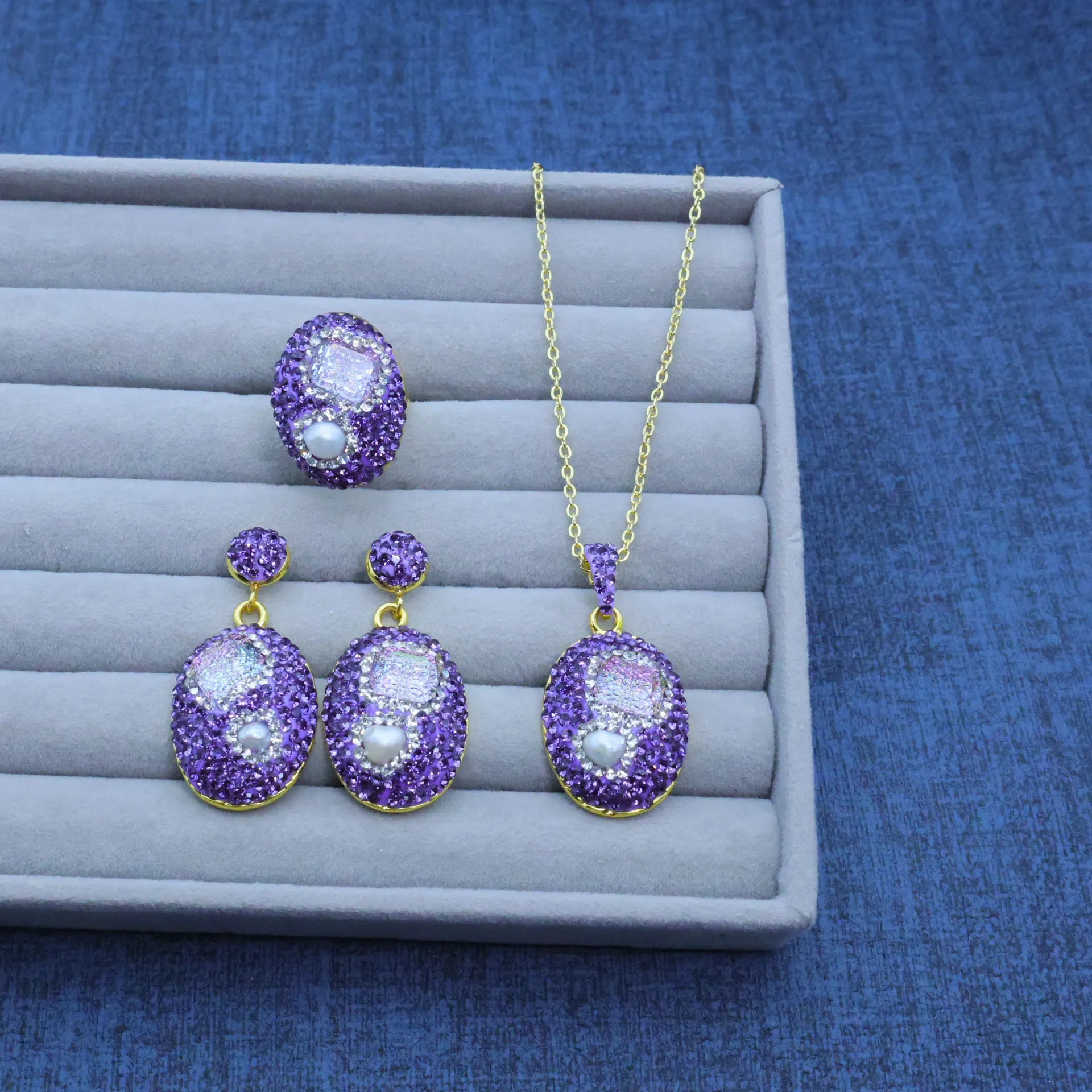DIY accessories Natural pearl glazed crystal handmade design set, clay inlaid three-piece set, French vantage personalized first