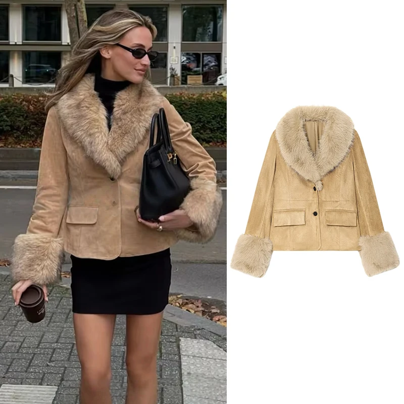

Women's 2025 New Winter Jackets New Fashion Fur Slim V-neck Office Blazers Women's Chic Street Youth Travel Holiday Warm Coats