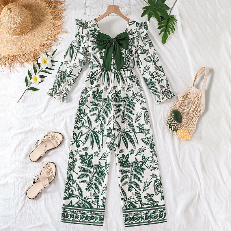 Girls 8-12 Spring Tropical Print Jumpsuit, Square Neck Ruffle Long Sleeve Elastic Waist Wide Leg Casual Kids Romper