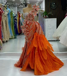 2025 Newest Couture Orange Prom Dresses Mermaid Luxury Feather Crystals Evening Dress 3D Flower Celebrity Dresses Party Gowns