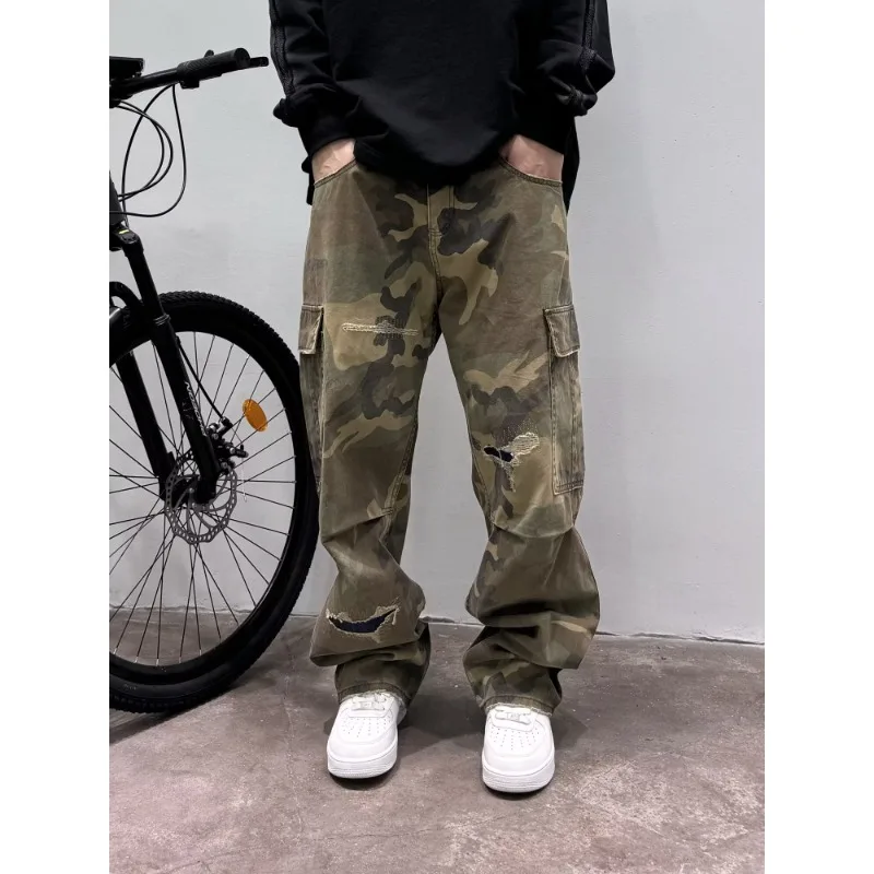 

Trendy Men's Women's American Style Pure Wilderness Ripped Camouflage Pants Casual Cargo Pants Loose Fit Vibe Leisure Pants