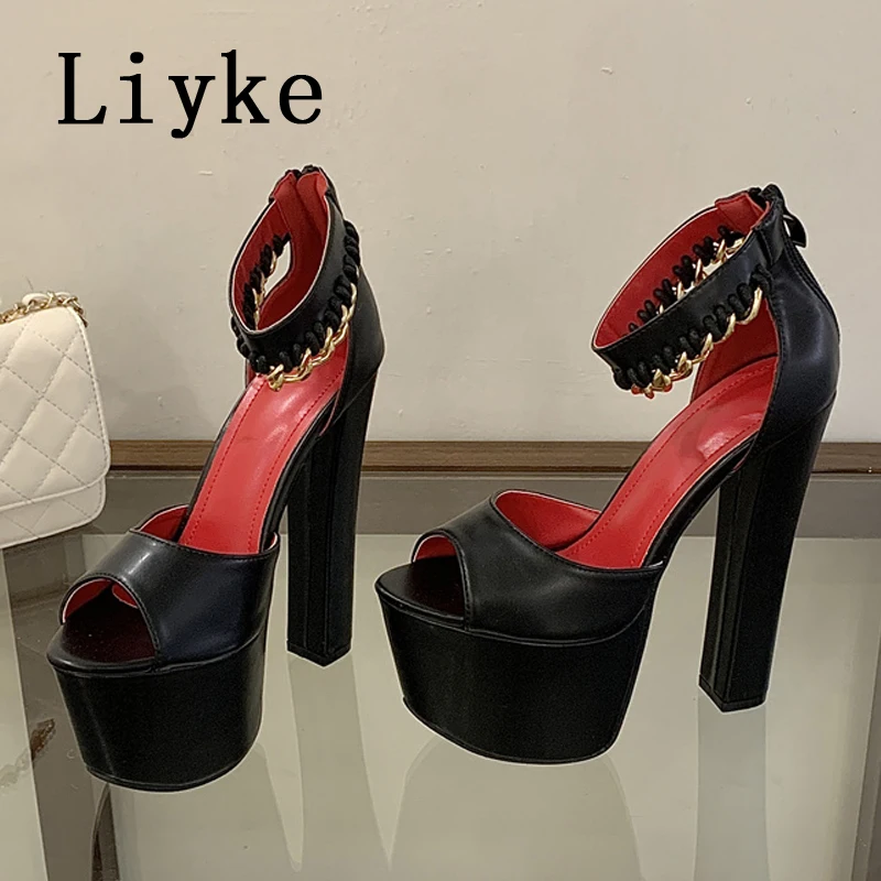 

Liyke Runway Sexy 16CM Super High Heels Platform Sandals Women Summer Fashion Metal Chain Ankle Strap Lady Party Stripper Shoes