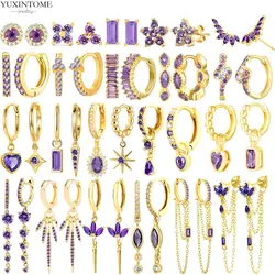 925 Sterling Silver Needle Luxury Purple Zircon Hoop Earrings for Women Exquisite Heart Pendant Earrings Fashion Wedding Jewelry