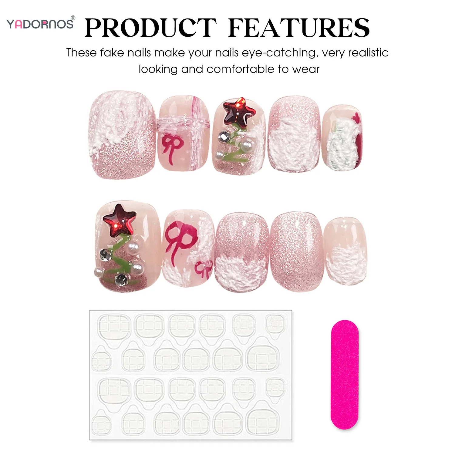 Uñas postizas rosas brillantes hechas a mano para mujer, uñas postizas 3D con diamantes de imitación brillantes, estrellas y perlas, diseño para el día de la nieve