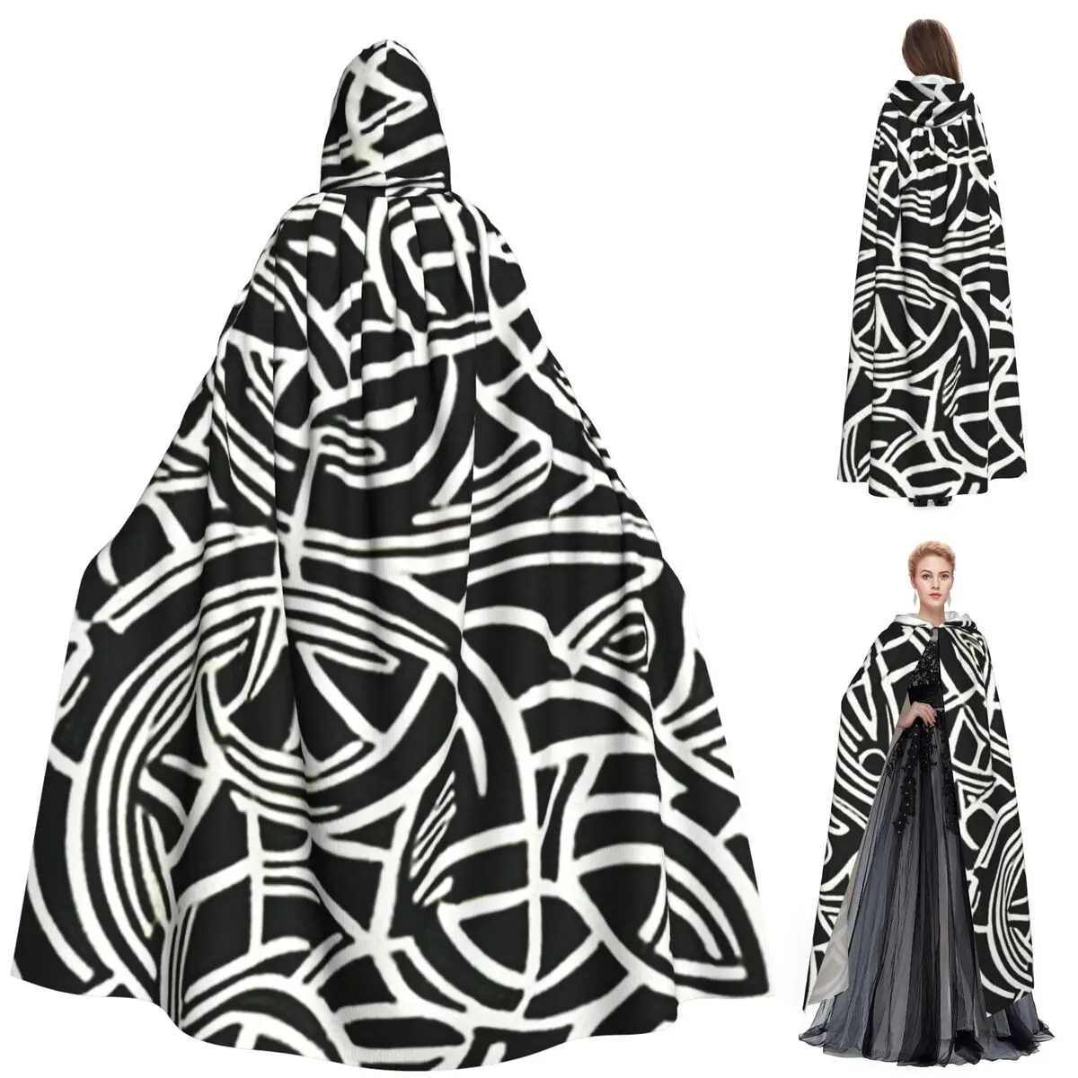 Alte keltische Kunstmuster, langer Kapuzenumhang, Hexe, mittelalterliches Kostüm, Cosplay-Umhang, Halloween-Mantel, Erwachsene, Unisex