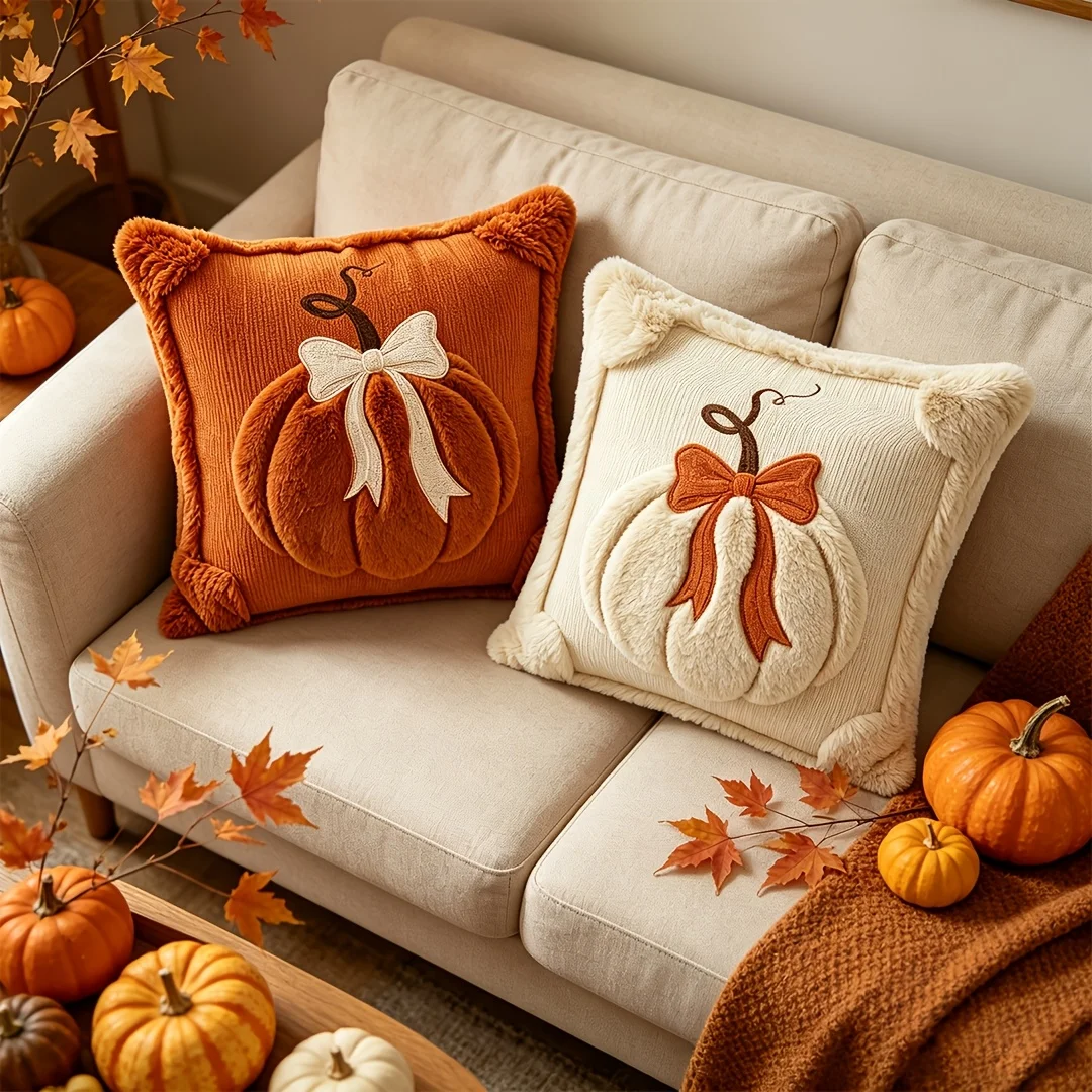 2-Piece Set with Random Designs, Plush Pumpkin Bow Decoration 2D Flat Pillowcase 18x18inch , Huge Pumpkin Bow Decorative Pillowcase, Soft and Comfortable, Suitable for Thanksgiving, Halloween, Christmas, Home Sofa and Bed Decoration (Pillow Insert Not Included)