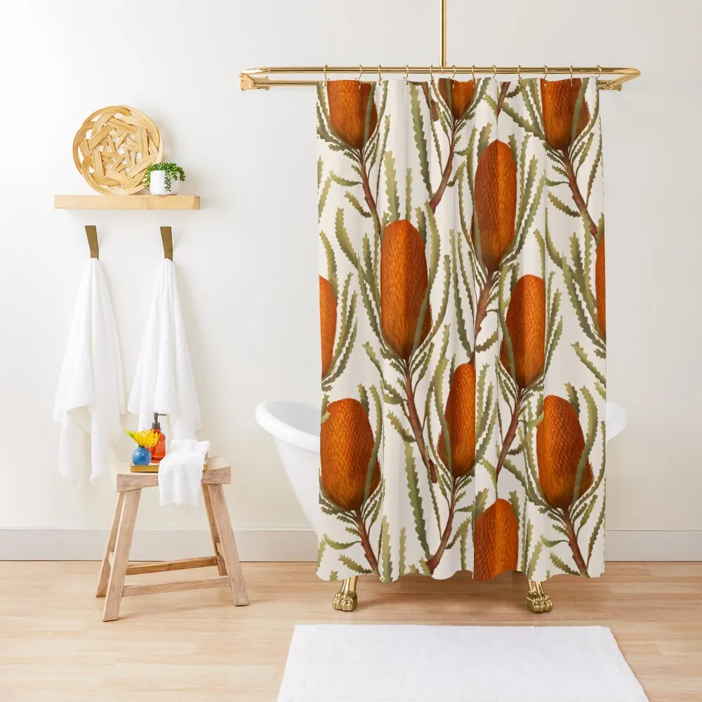 

Seamless illustration of beautiful watercolor Australian banksias on light background and tropical floral repeat Shower Curtain