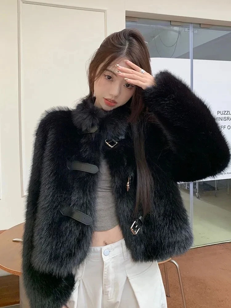 

Женская укороченная куртка из искусственного меха с длинным рукавом и воротником-стойкой, винтажные короткие пальто на пуговицах Y2K, уличная одежда, волосатая толстая верхняя одежда, новинка