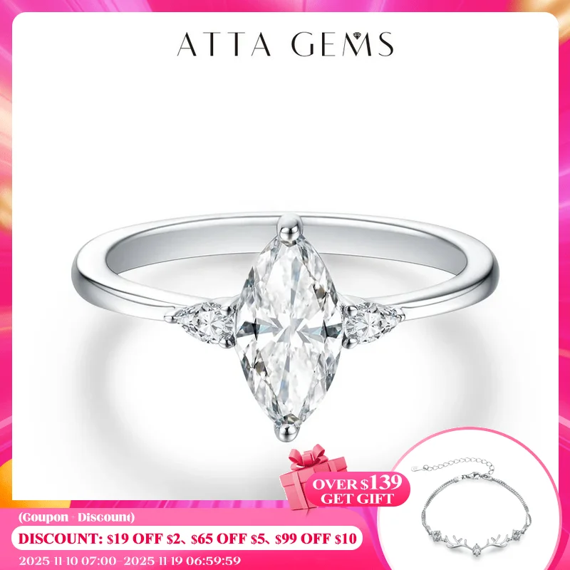 

ATTAGEMS 2023 Marquise 1CT Moissanite Ring Real 925 Sterling Silver Rings for Women Men Anniversary Fine Jewelry Wedding Gift