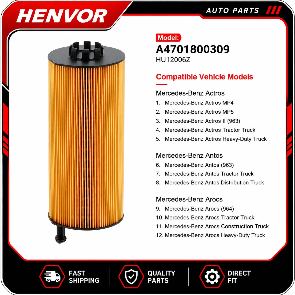 Oil Filter Element HU12006Z A4701800309 4701800109 4701800009 for Mercedes Actros MP4 MP5 Antos Arocs